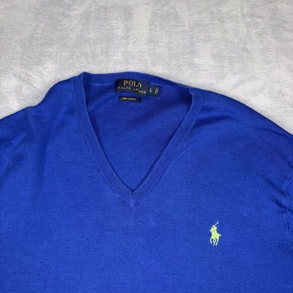 Polo Ralph Lauren Sweater Mens Large Blue Pima Cotton V Neck Pullover Pony Work - Picture 1 of 7